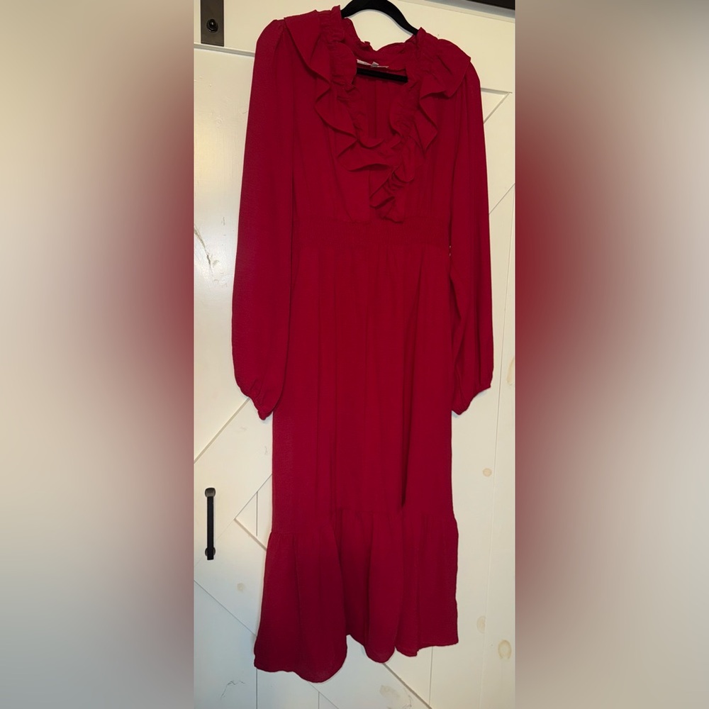 Haptics Red V-Neck Ruffle dress with pockets
